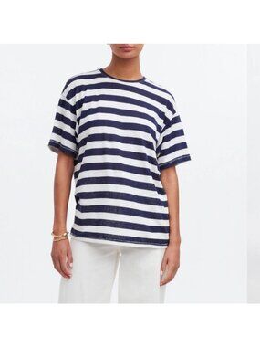 Madewell Striped Linen-Blend Crewneck Oversized Tee XS Navy/White NWT